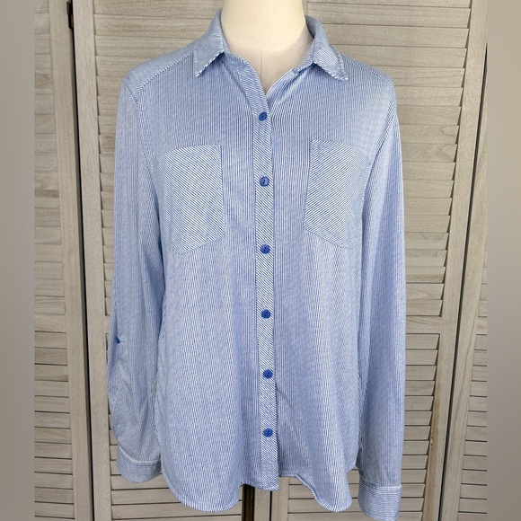 PASSPORT Button Down Shirt w Button Up Sleeves Blue/White Stripes-Large - Picture 1 of 3